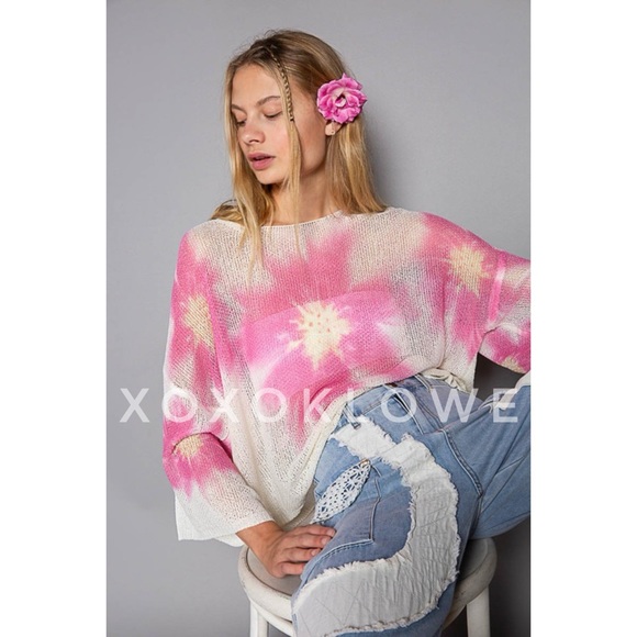 LAST ONE POL Pink Floral Print Wide Neck Lightweight Sweater Oversized - Picture 15 of 16